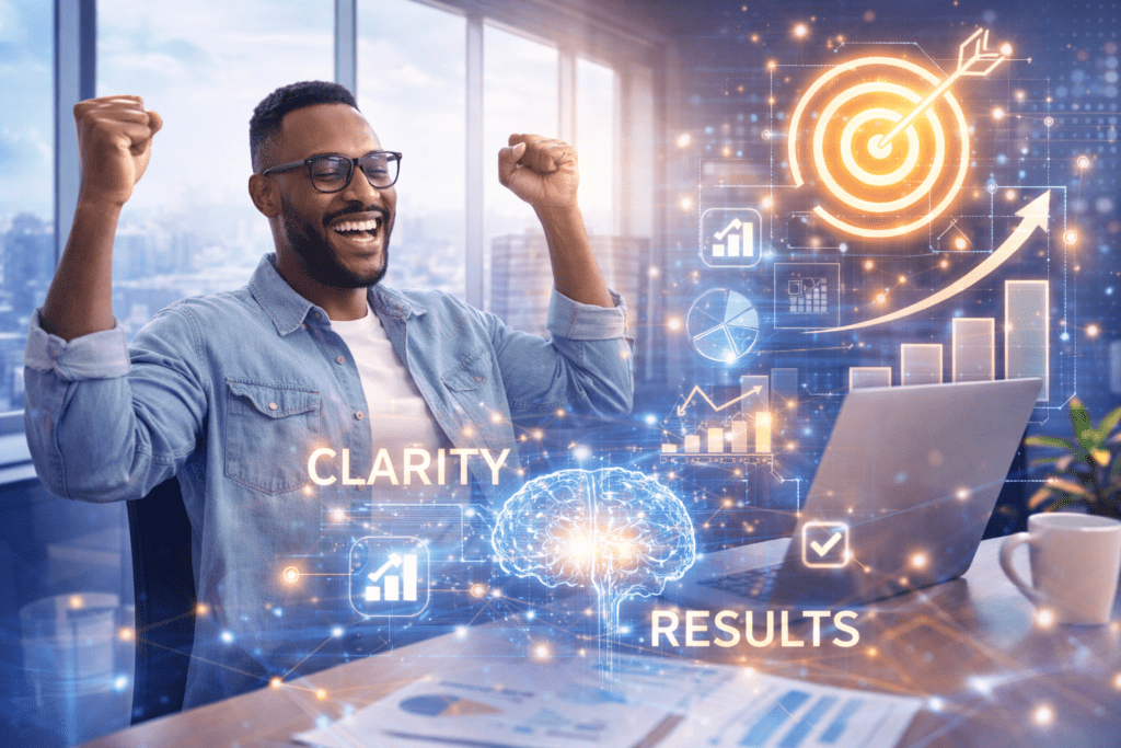 Business owner experiencing clarity and results after applying AI-powered strategies from the Business Breakthrough Challenge
